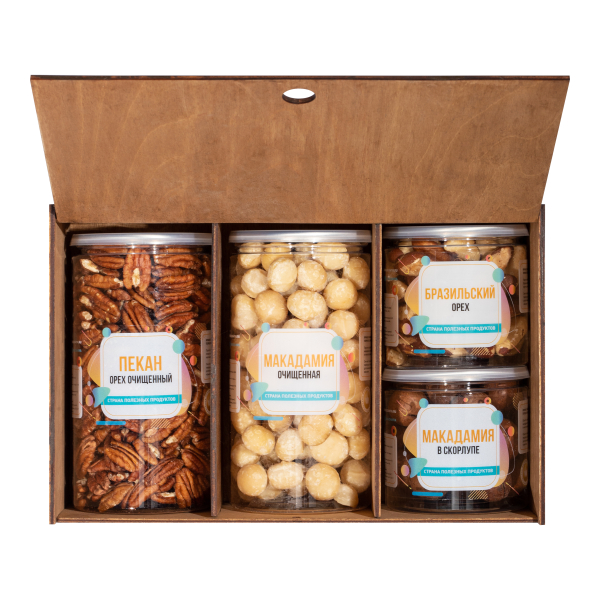 Подарочный набор орехов в дереве "Экзотика" (Пекан, Макадамия, Бразильский орех)