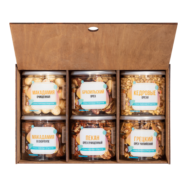 Подарочный набор орехов в дереве "Шесть Орехов" (Пекан, Макадамия, Бразильский, Кедровый, Грецкий)