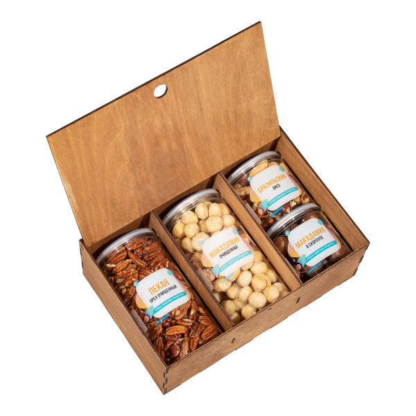 Подарочный набор орехов в дереве "Экзотика" (Пекан, Макадамия, Бразильский орех)