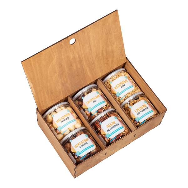 Подарочный набор орехов в дереве "Шесть Орехов" (Пекан, Макадамия, Бразильский, Кедровый, Грецкий)